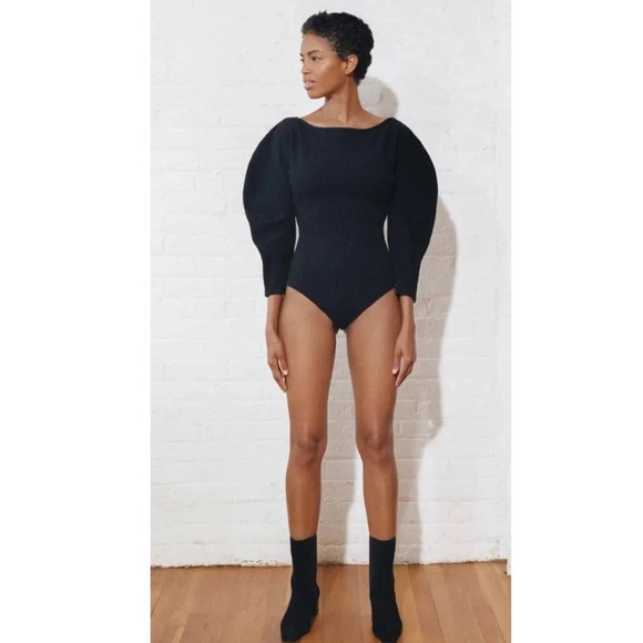MARA HOFFMAN Shira Linen-Cotton Knit Bodysuit Black long sleeve - Picture 3 of 7